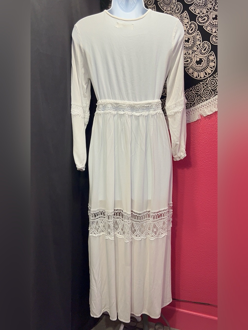 White Lace-Trim Maxi Dress with Tie Waist - Picture 8 of 10